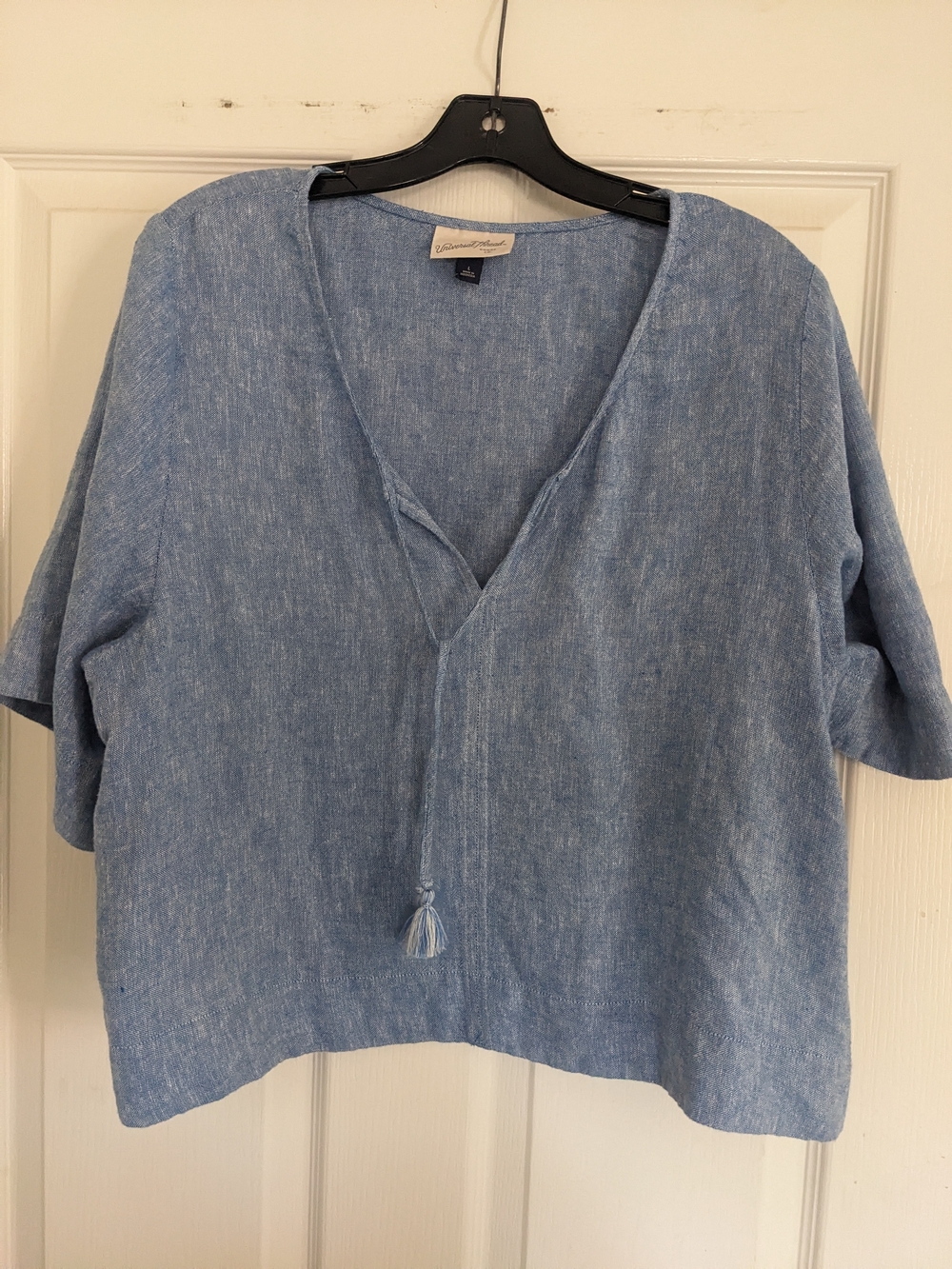 Universal Thread Chambray Blue V-Neck Tassel Linen Blend  Top